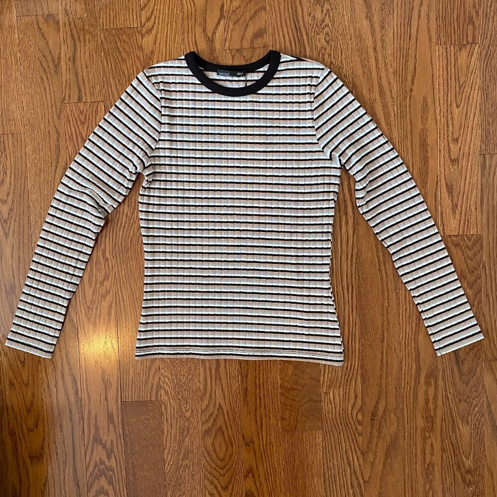 NWT ZARA Striped Long Sleeve Knit T-shirt Stretch Classic Closet Staple - Picture 5 of 7